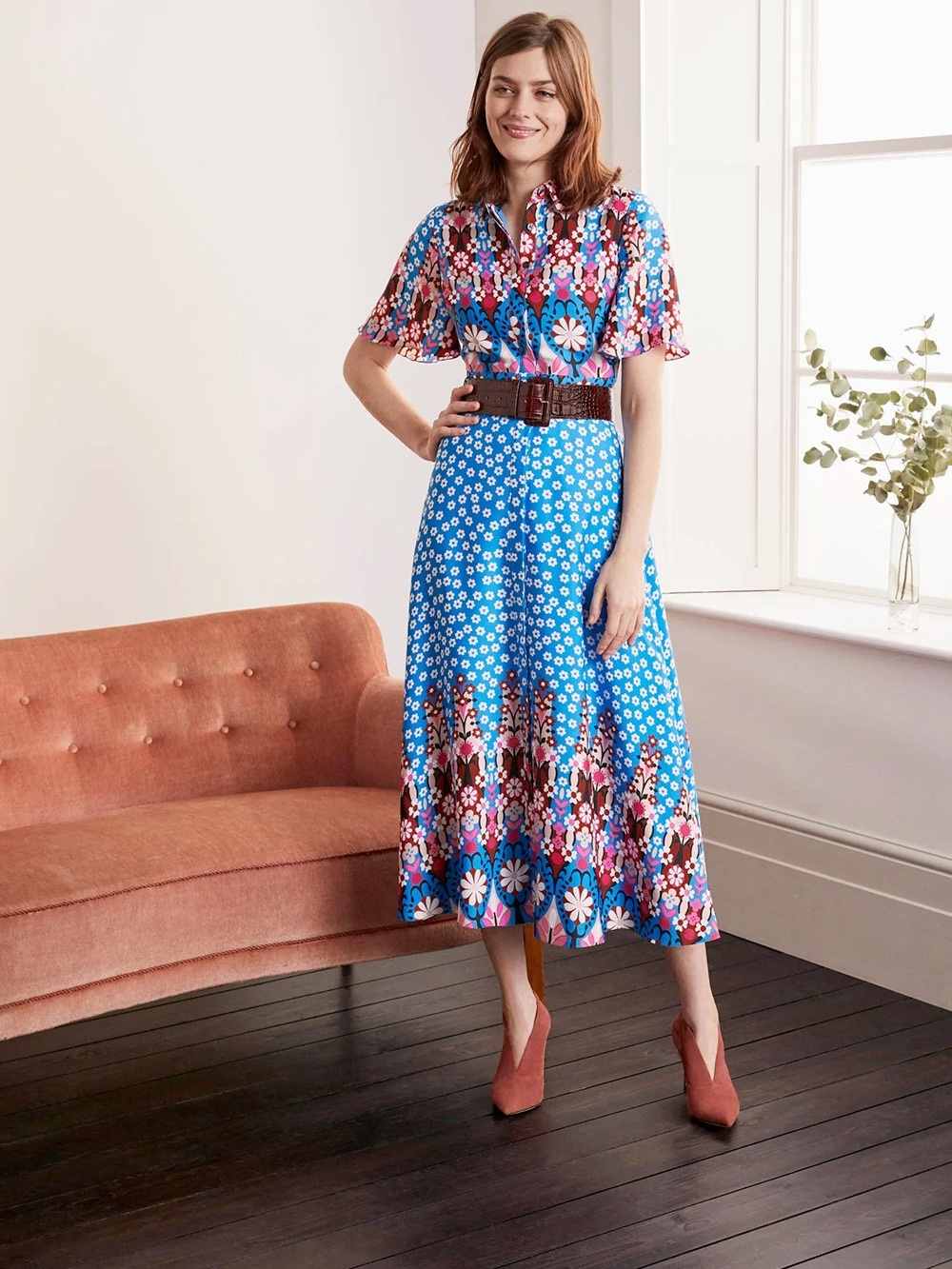 BODEN Olive Shirt Button Front Midi Dress Blue Floral Printed Fall Size 20/22R
